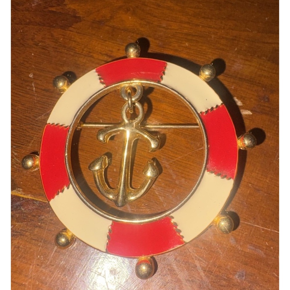 Vintage Signed Monet Nautical Ships Wheel & Dangle Anchor Brooch Pin